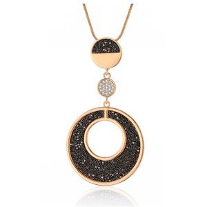 Black Rhinestone Round Long Gold Statement Necklace